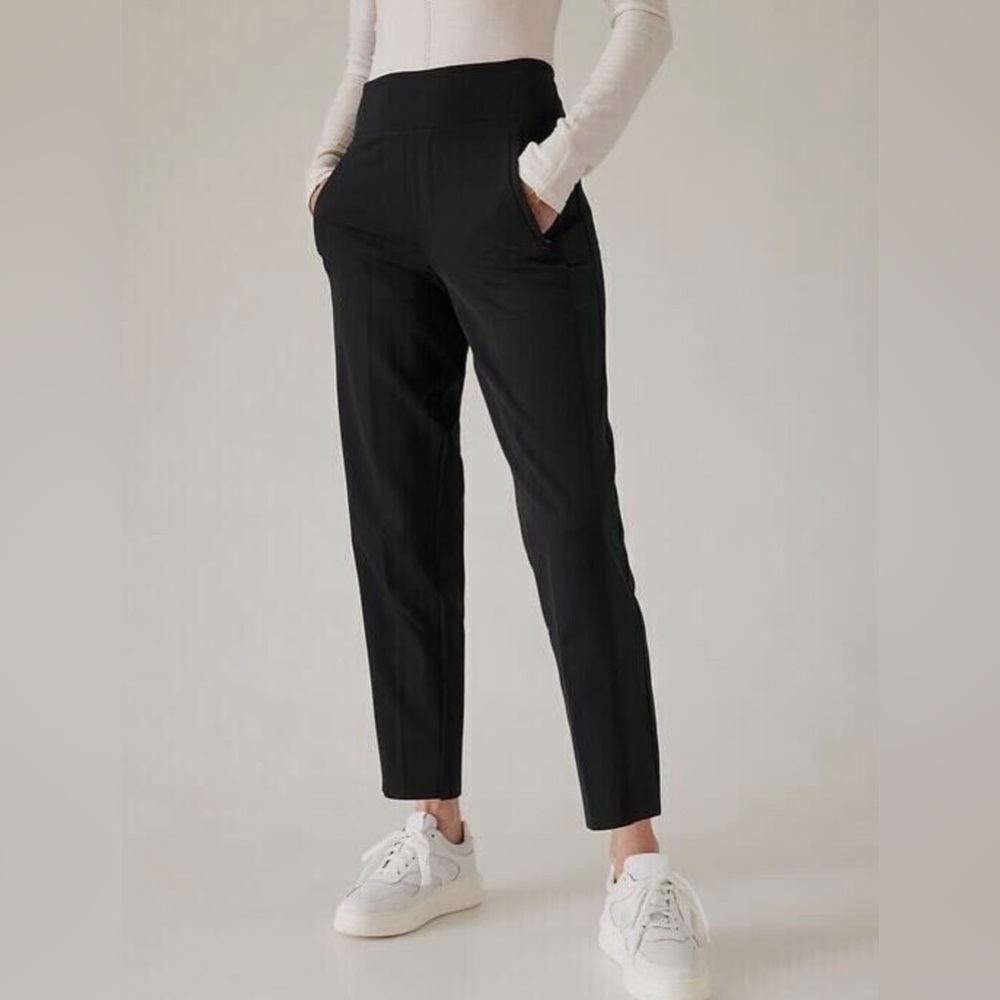 Athleta Endless Satin Side Stripe Pant Black Women's Size 10 High Rise Stretch